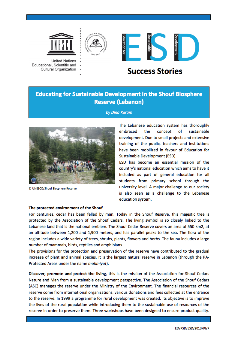 Educating for sustainable development in the Shouf Biosphere Reserve (Lebanon)