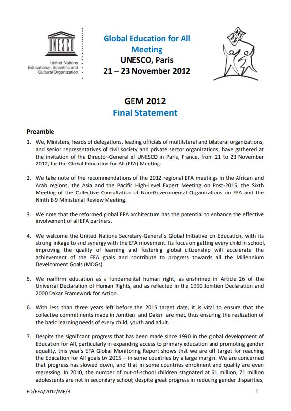 GEM(Global Education for All Meeting) 2012 : Final Statement