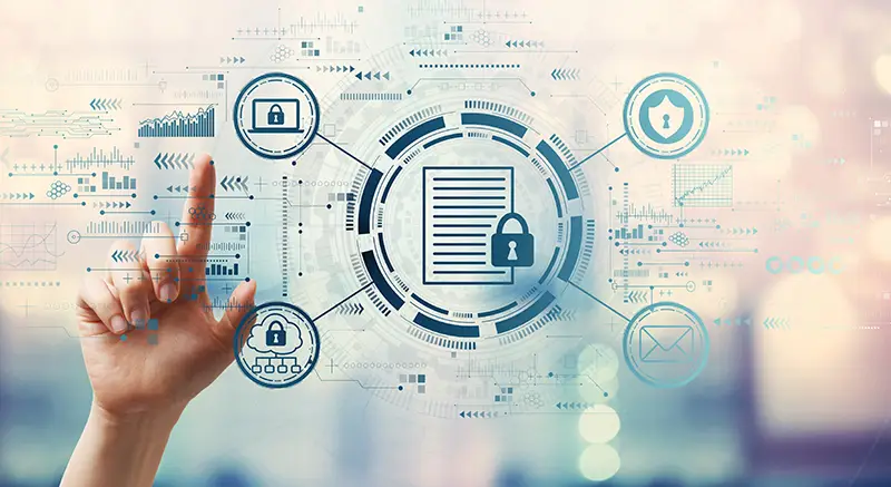 Data,Protection,Concept,With,Hand,Pressing,A,Button,On,A