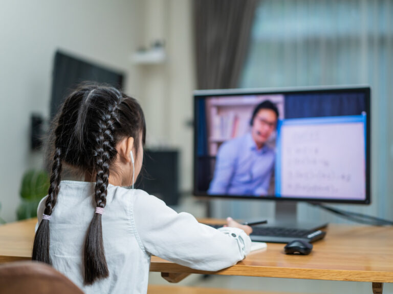 Homeschool,Asian,Little,Young,Girl,Learning,Online,Class,From,School