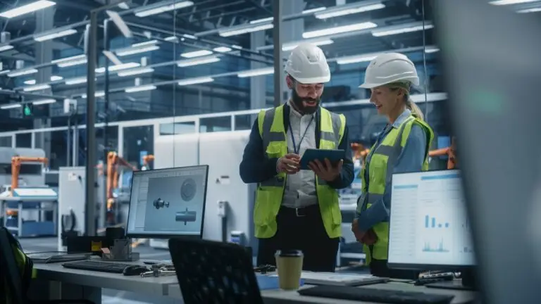 Factory,Office:,Hispanic,Male,Manager,Using,Tablet,And,Talking,To